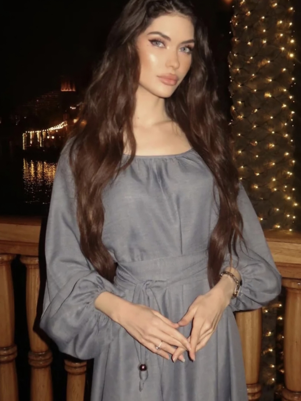 Fashion Nova Slate Gray Balloon-Sleeve Midi Dress